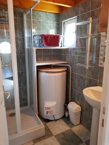 une salle de bain avec une douche, des toilettes et un lavabo dans l'établissement Maison des dunes Echappée Belle, à Barneville-Carteret