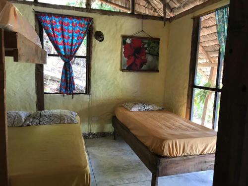 a bedroom with two beds and two windows at Ecolodge el Arca Bahia Solano in Bahía Solano