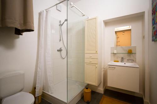 a bathroom with a shower and a toilet and a sink at City 60 in Verviers