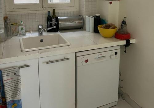 une cuisine avec un évier et un plan de travail dans l'établissement Loft Le Marais à Place des Vosges, à Paris