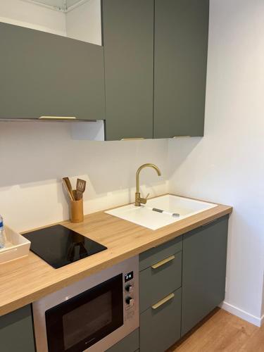 une cuisine avec un évier et un micro-ondes dans l'établissement Charmant Studio à Ajaccio, à Ajaccio
