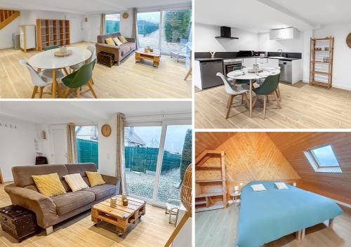 un collage de quatre photos d'un salon et d'une cuisine dans l'établissement Maison cosy rénovée et lumineuse, à Pont-de-lʼArche