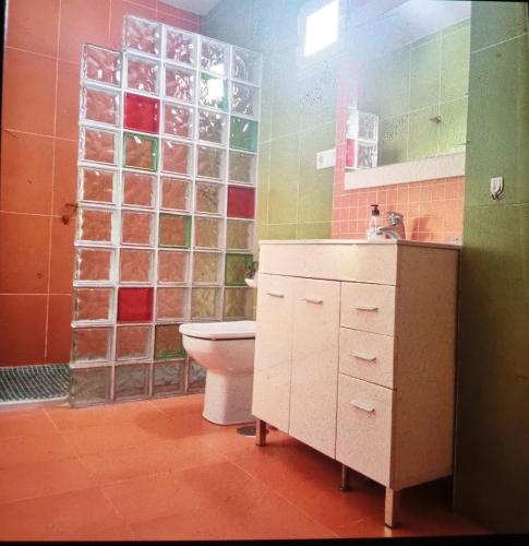 a bathroom with a toilet and a glass wall at Apartamento Boa Playa in Noya