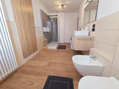 a bathroom with a toilet and a sink and a mirror at Casetta sui Monti - Alpine Stay Apartments in Tesero
