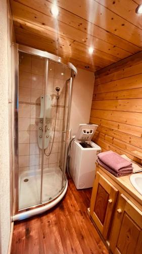 La salle de bains est pourvue d'une douche et d'un lavabo. dans l'établissement Appartement 2 pieces LE SAPPORO, aux Gets