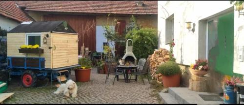 a dog sitting in a courtyard with a house at Bauernhof Privatzimmer Hortus Sandrine Gemeinschaftsbad Free WiFi in Hausbreitenbach