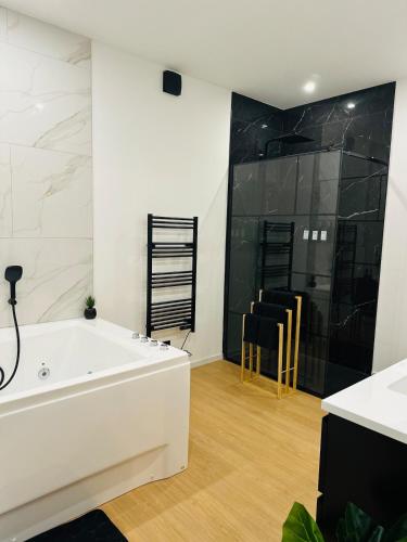 a bathroom with a tub and a glass shower at Élégant appartement avec bain balnéothérapie in Liège