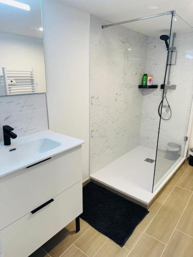 a white bathroom with a shower and a sink at T3 Chaleureux tout confort bien équipé in Toulouse