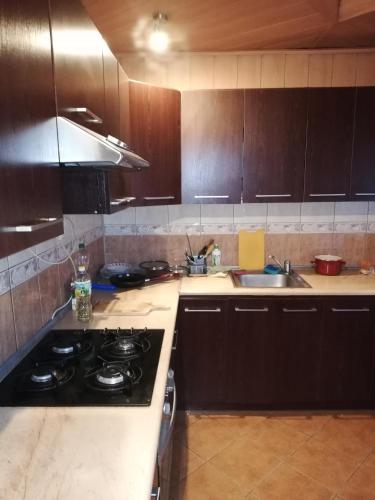 a kitchen with a stove and a sink at Pokoje Gościnne in Jędrzejów