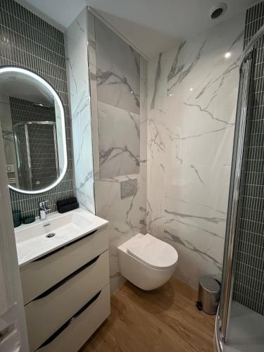 une salle de bain avec toilettes, lavabo et douche dans l'établissement Studio en plein cœur de Nice, à Nice