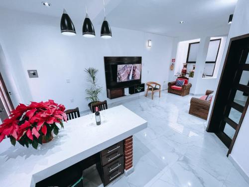 a living room with a fireplace and a tv at Casa Franlus apartamento 1 planta baja in San Cristóbal de Las Casas