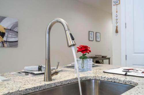 a kitchen sink with a faucet and a red flower at Magic Villa Orlando in Orlando