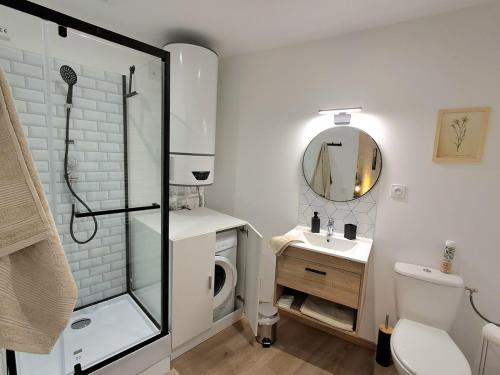 une salle de bain avec une douche, des toilettes et un lavabo dans l'établissement L'Atelier du Fer, à Nevers