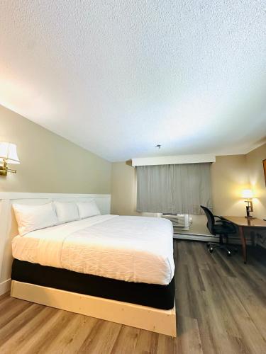 a bed in a room with a desk and a bed sidx sidx sidx at Presque Isle Hotel in Presque Isle