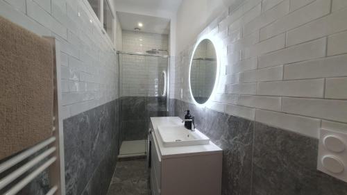 une salle de bain avec un lavabo et un miroir dans l'établissement Appartement d'architecte au coeur de Bordeaux, à Bordeaux