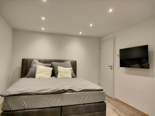 a bedroom with a bed with a flat screen tv at Modernes, stilvolles Apartment 5 in Memmingen
