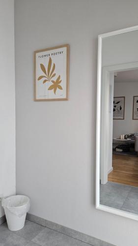 a mirror in a white room with a picture on the wall at Apartment Zo195 One Bamberg - ruhig, modern mit Terrasse in Bamberg