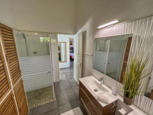 a bathroom with a sink and a shower and a mirror at Guadeloupe Saint Francois 36 8 pax in Saint-François