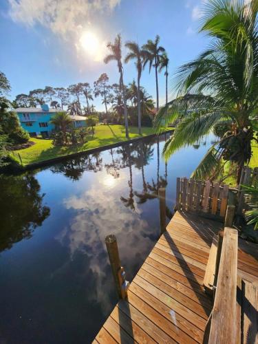 スチュアートにあるHeated pool w river views dock your boat Jet skiの木製のドックとヤシの木がある水のプール