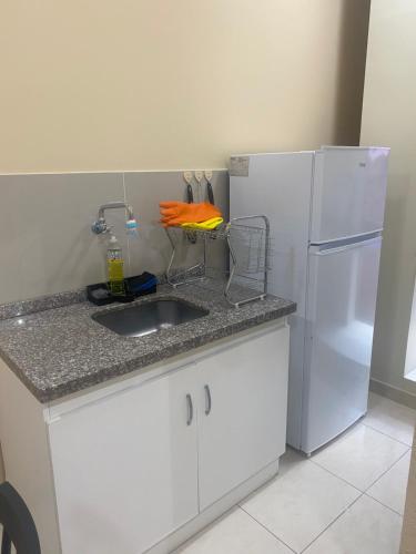 a kitchen with a sink and a white refrigerator at Departamento temporal en Gran Asunción in Fernando de la Mora