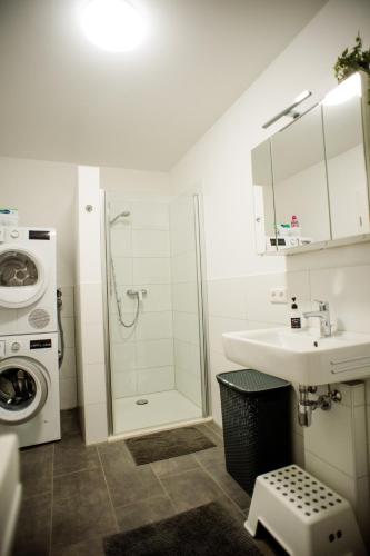 a bathroom with a shower and a sink and a washing machine at Quiet Apartment - 74qm - 2 Bedrooms - 3 Beds in Limburg an der Lahn