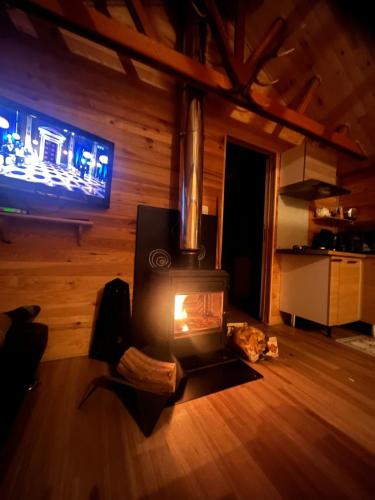 - un salon avec un poêle à bois dans une cabine dans l'établissement Chalet Echo des Montagnes, à Camurac