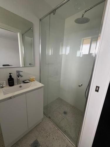a bathroom with a shower and a sink at Almond Inn Motel in Tamworth