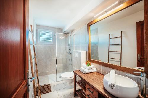 a bathroom with a sink and a toilet and a shower at Appartement T4 - Villa Les Bougainvilliers in Les Trois-Îlets