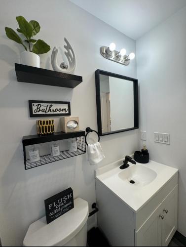 a bathroom with a sink and a mirror and a toilet at Luxury Gated NYC Theme 3BR 2B with Parking by EWR in Elizabeth