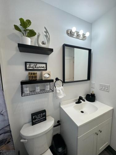 a bathroom with a sink and a toilet and a mirror at Luxury Gated NYC Theme 3BR 2B with Parking by EWR in Elizabeth
