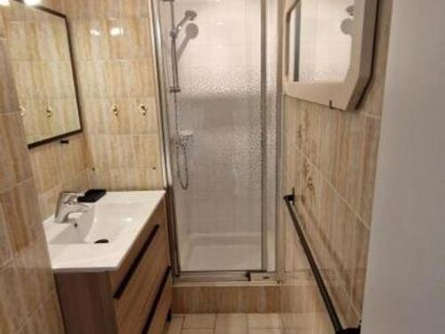 une salle de bain avec douche et lavabo dans l'établissement F2 cosy avec jardin, clim et parking à Balaruc-les-Bains - FR-1-680-43, à Balaruc-les-Bains