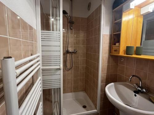 La petite salle de bains est pourvue d'une douche et d'un lavabo. dans l'établissement Studio 4 pers. près des pistes, tout équipé - FR-1-733-161, à Crest-Voland