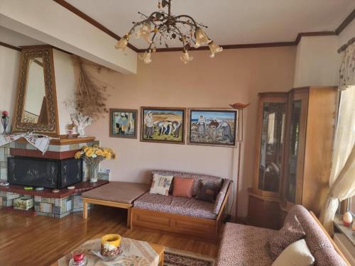 a living room with a couch and a fireplace at Poly's House in Kavála