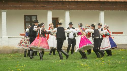 a group of people dancing in dresses in the grass at Palócföldi Menedék in Kazár