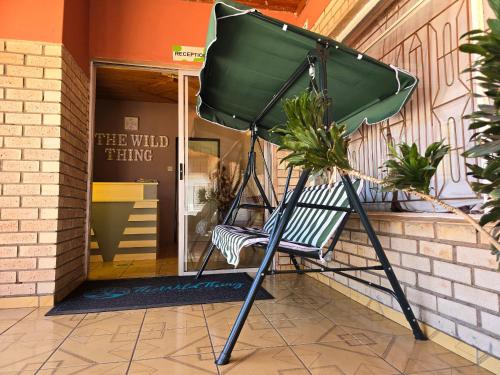 a green chair sitting in front of a building at The Wild Thing Guesthouse in Serowe