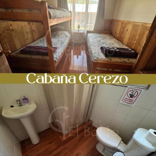 a bathroom with two bunk beds and a toilet and a sink at Cabañas El Boldo in Licán Ray