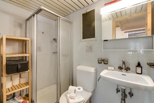 a bathroom with a toilet and a sink and a shower at Rustico Over The Bridge Verzasca in Lavertezzo