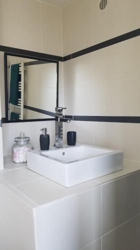 un lavabo blanc dans une salle de bain avec un miroir dans l'établissement Maison familiale Amboise, à Amboise
