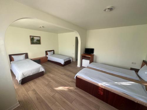 a hotel room with two beds and a tv at Hotel Le Baron in Timişoara
