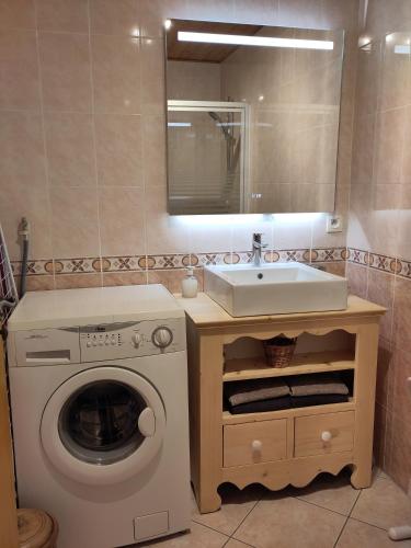 une salle de bain avec une machine à laver et un lavabo dans l'établissement logement entre lac et montagnes, à Thônes