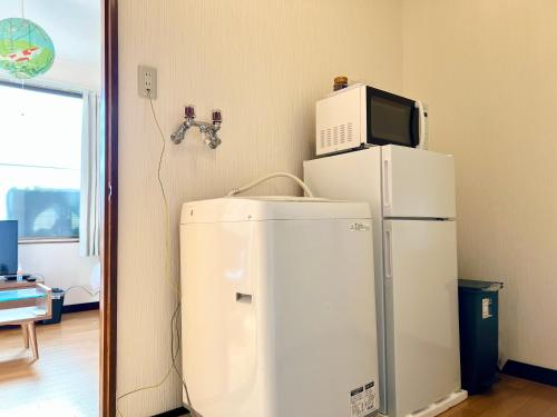 a room with a refrigerator with a microwave on top of it at サンライズ in Nagano