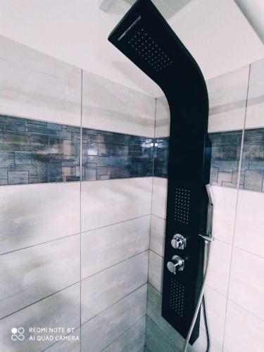 a shower with a black shower head in a bathroom at Olivo Apartment - Studio in Lixouri