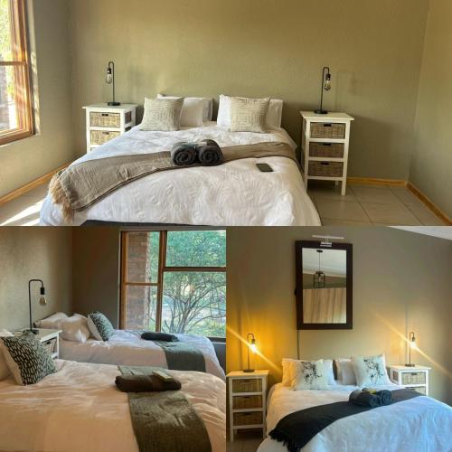 two pictures of a bedroom with two beds at Maroela 1022 in Marloth Park