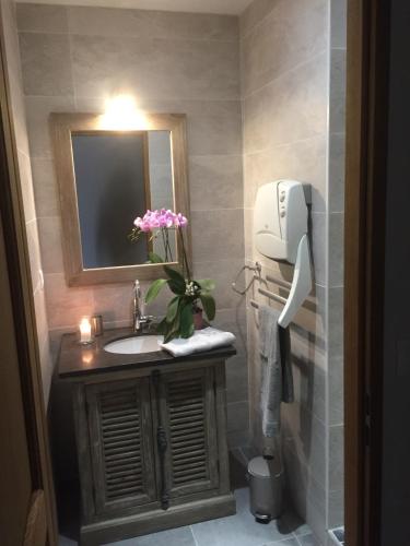 une salle de bain avec un lavabo et un miroir dans l'établissement La Peireta-Authentique, à Saint Alban Auriolles