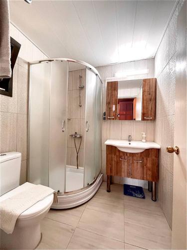 a bathroom with a shower and a sink and a toilet at Beachwood Villas in Marmaris