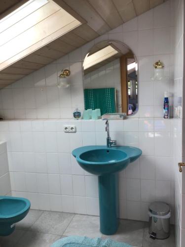 a bathroom with a blue sink and a mirror at Haus Osterried in Schwangau