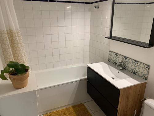 a bathroom with a sink and a tub and a mirror at Les jardins de Theo in Hasnon