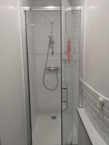 une douche avec une porte vitrée dans une salle de bain dans l'établissement Charming apartment - famous Marais neighborhood, à Paris