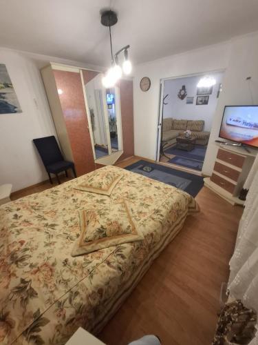 een slaapkamer met een groot bed en een tv bij Casa 15 in Boekarest
