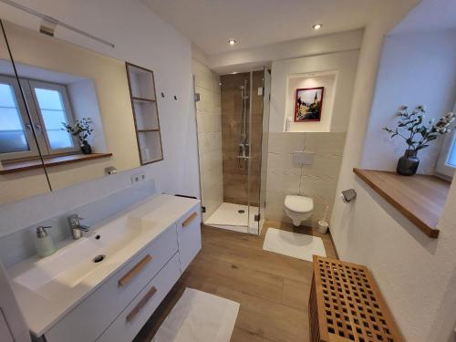 a bathroom with a shower and a sink and a toilet at Schmiedhäusl in Kitzbühel